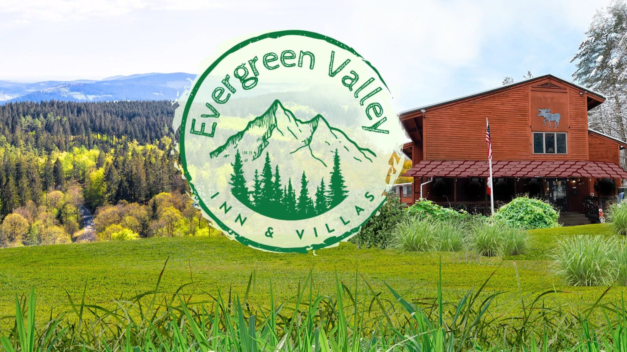 Logo of Evergreen Valley Inn & Villas superimposed on a scenic view of a lodge surrounded by trees and hills.